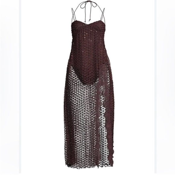 Free People Brown Crochet Asymmetrical Beach Cover Up Dress Boho Resort Small - Picture 5 of 14